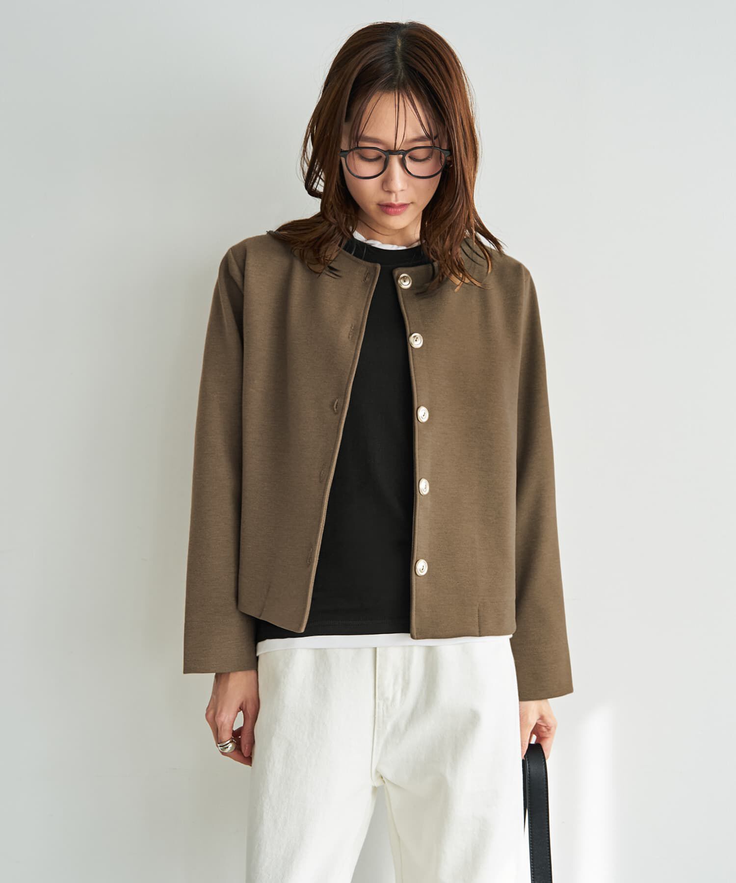 STYLE DELI「メタルボタンの柔らかノーカラージャケット」|ノーカラージャケット|ブラウン