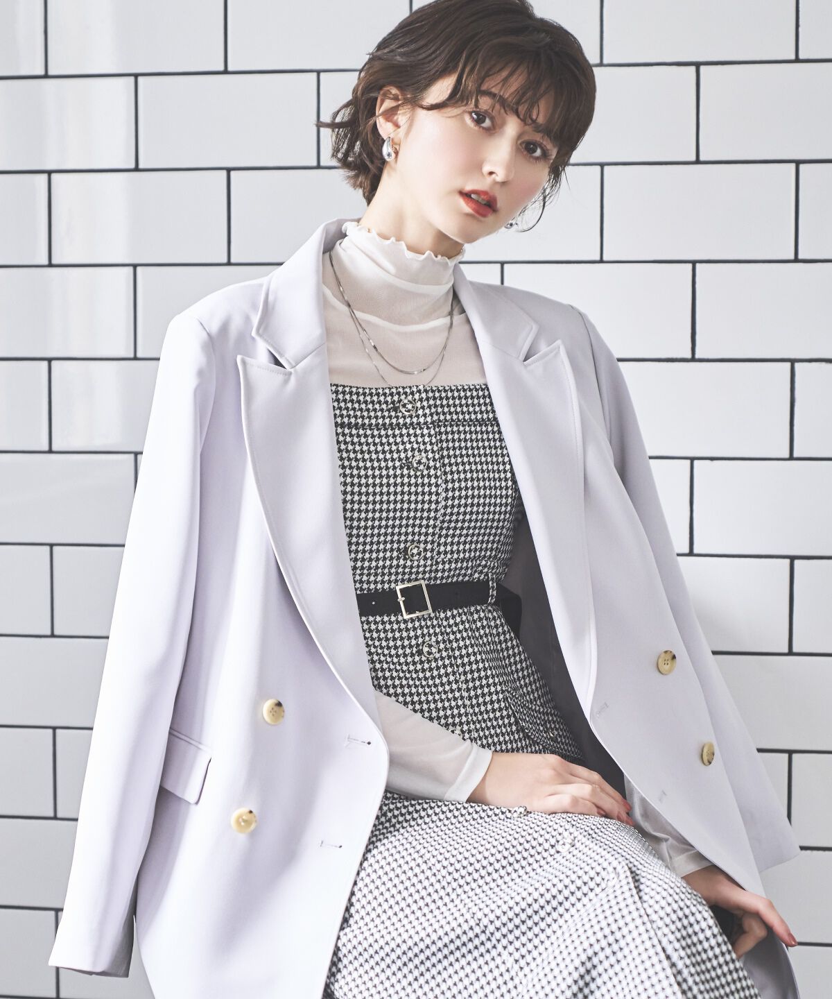 アンドクチュール「ダブルブレストオーバージャコット」|テーラードジャケット|ライトグレー