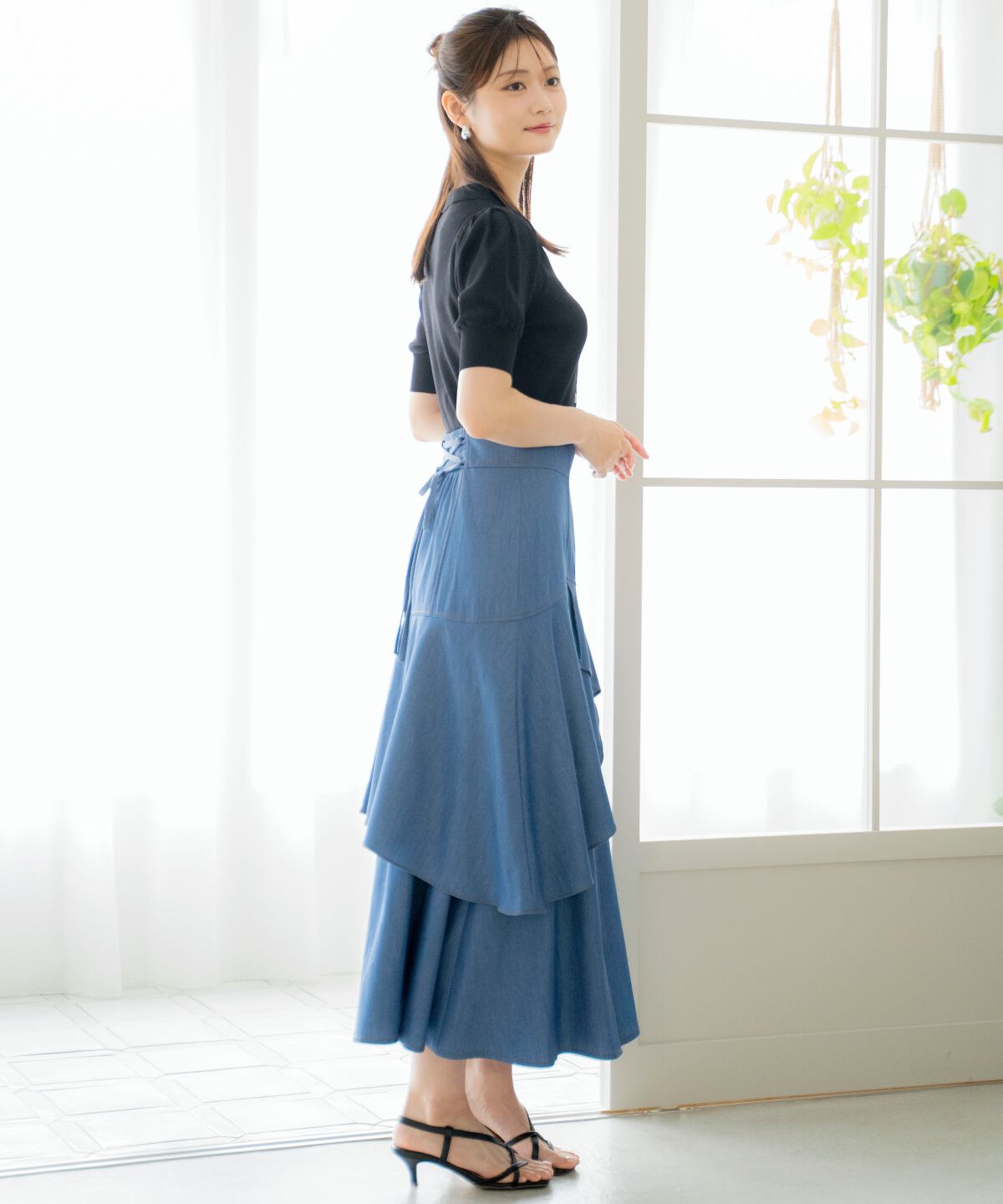 アンドクチュール「デニムライクレイヤードフリルスカート」|フレア|