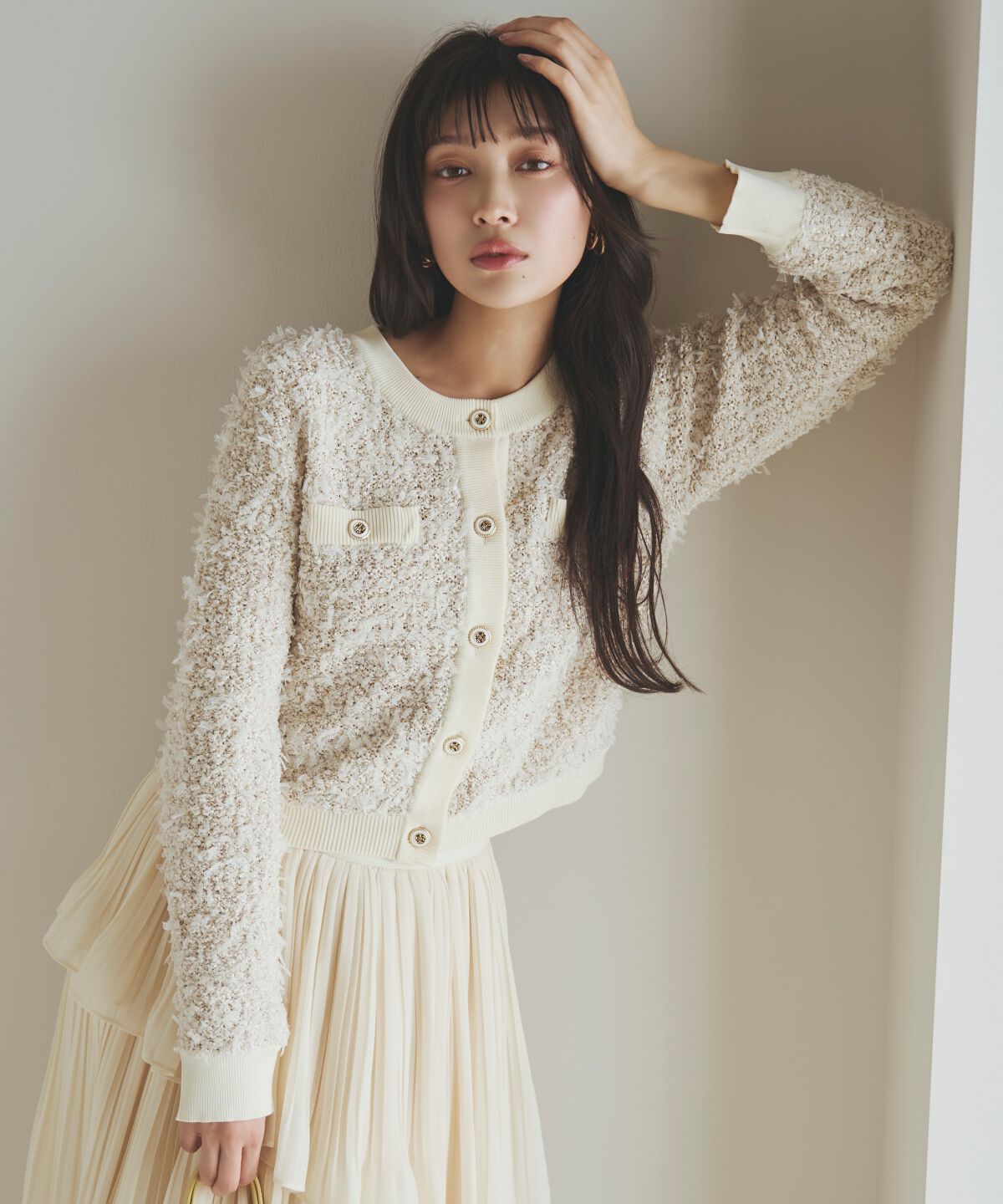 アンドクチュール「ラメ入りツイード調ニットカーディガン」|カーディガン|ベージュ