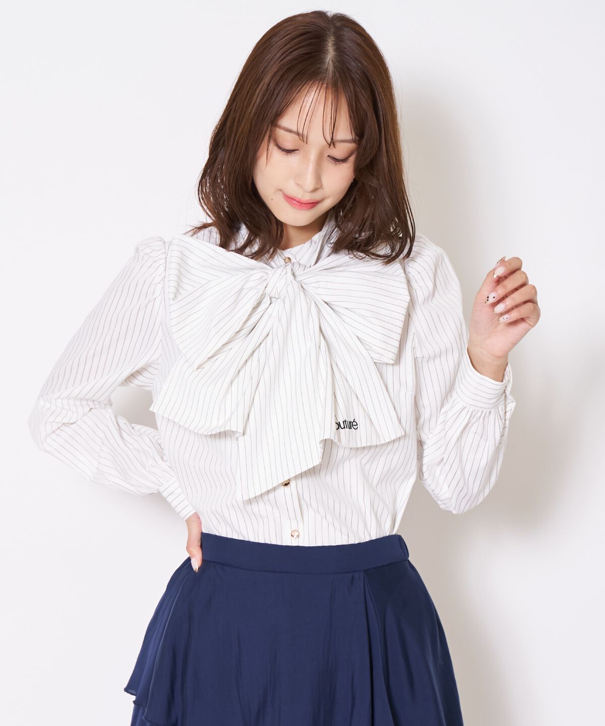 アンドクチュール「バタフライリボンストライプブラウス」|シャツ・ブラウス|