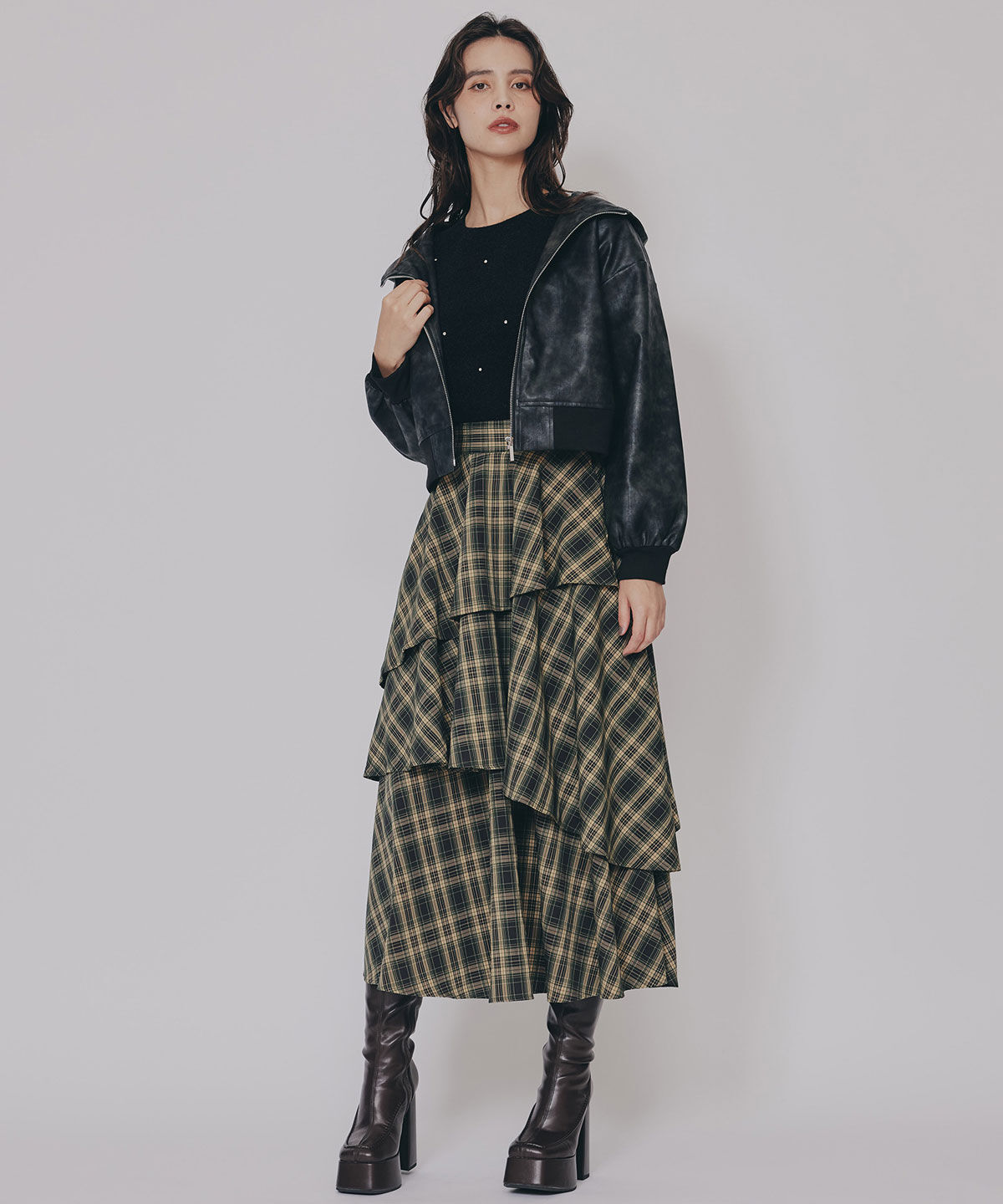 REDYAZEL「タータンチェックティアードスカート」|フレア|