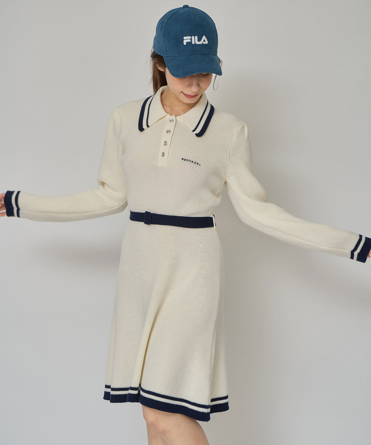 REDYAZEL「バイカラーポロニットロングスリーブミニワンピース」|ワンピース|