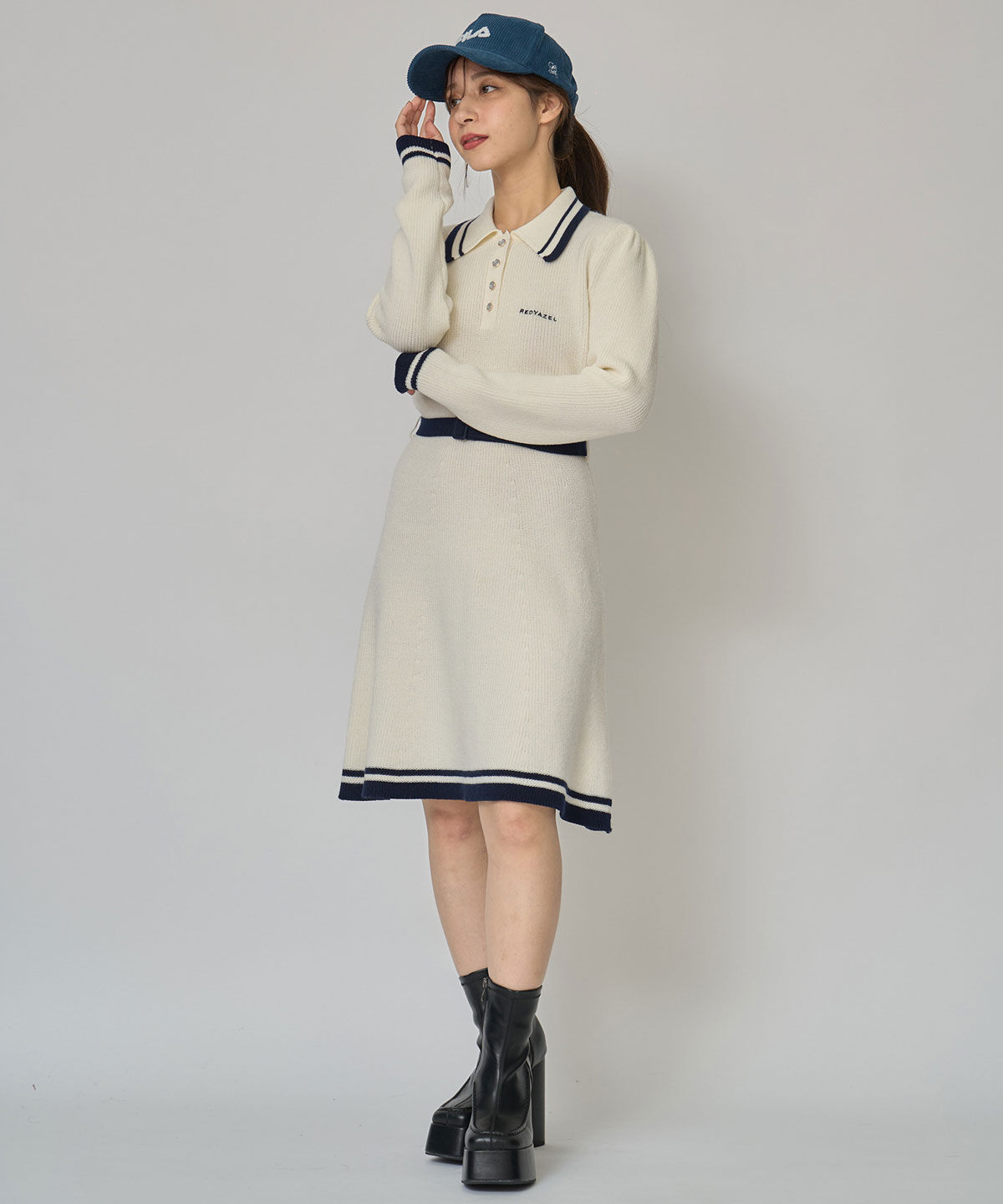 REDYAZEL「バイカラーポロニットロングスリーブミニワンピース」|ワンピース|