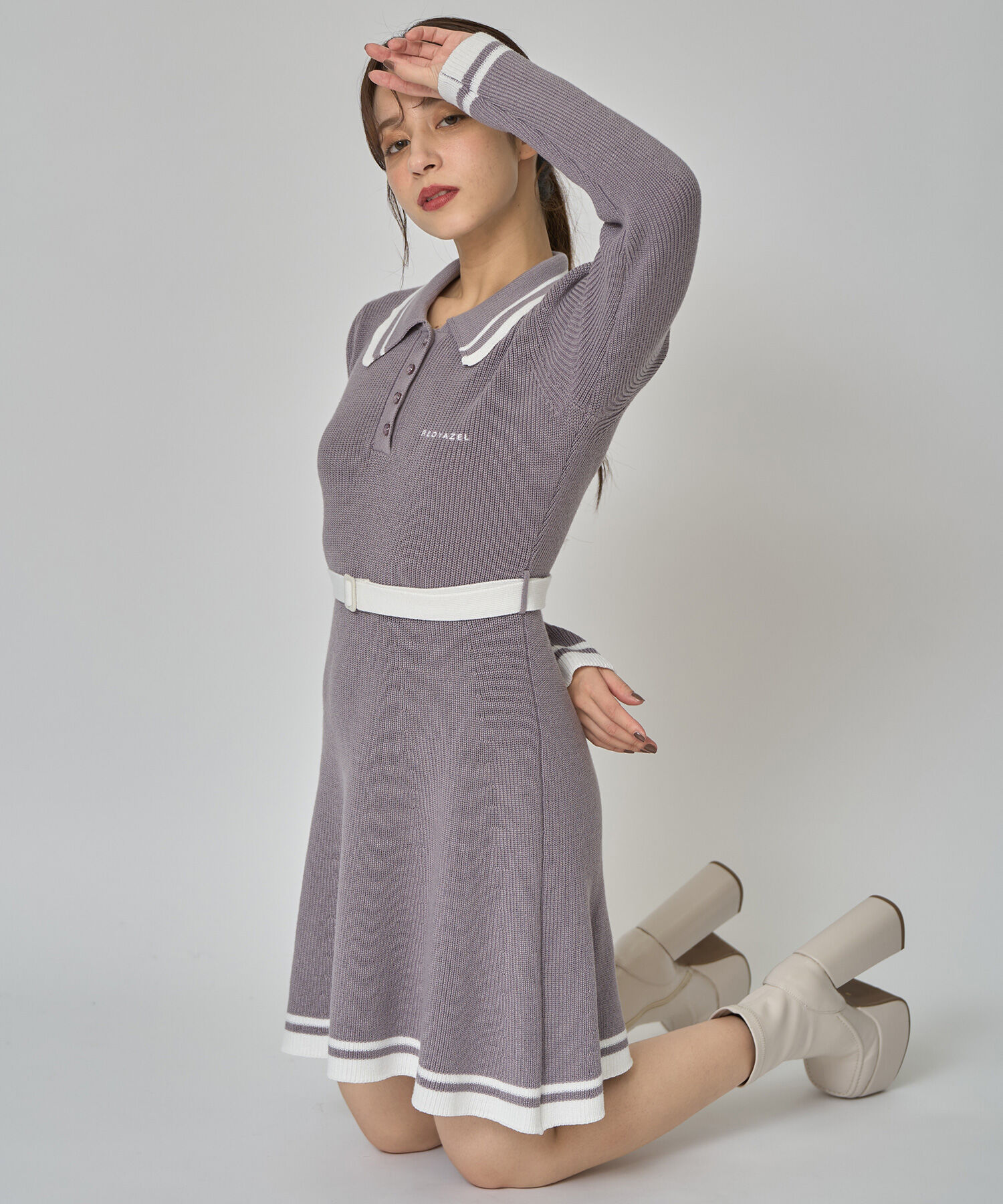 REDYAZEL「バイカラーポロニットロングスリーブミニワンピース」|ワンピース|ラベンダー