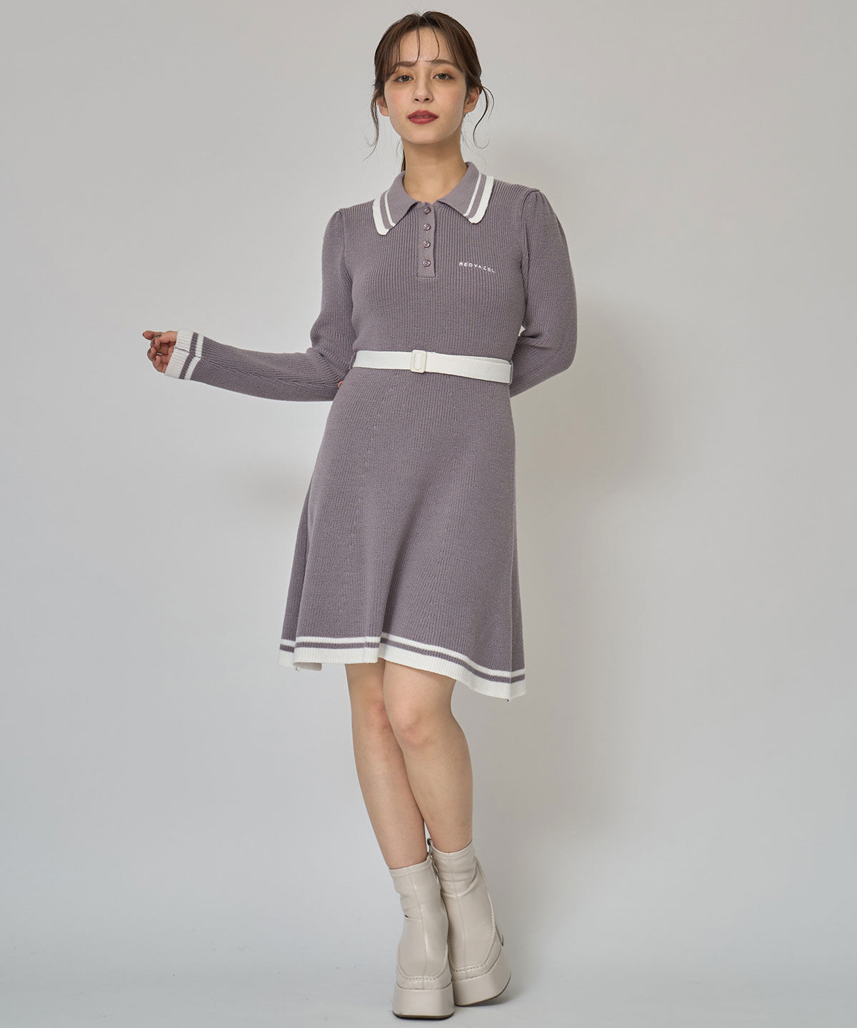 REDYAZEL「バイカラーポロニットロングスリーブミニワンピース」|ワンピース|