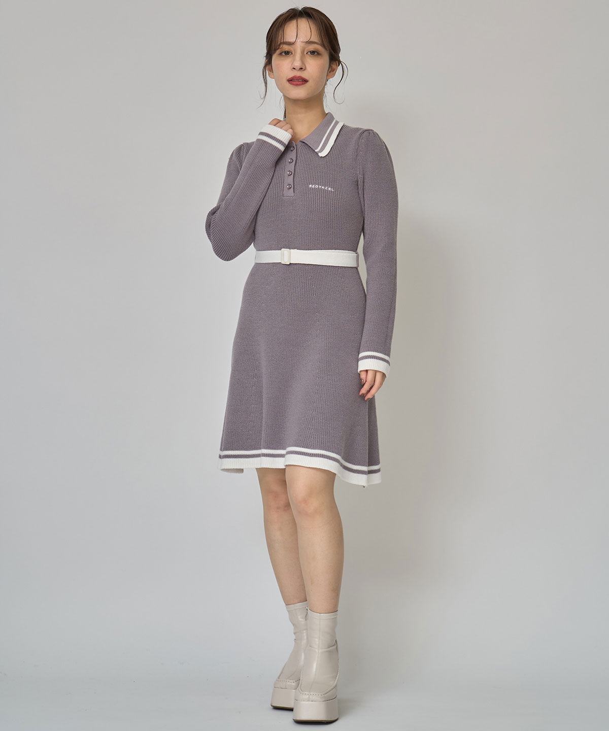 REDYAZEL「バイカラーポロニットロングスリーブミニワンピース」|ワンピース|