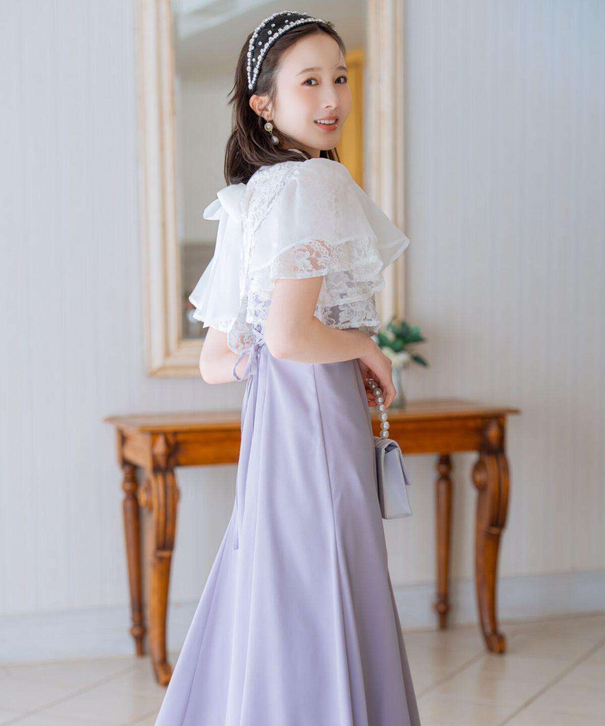 WILLSELECTION「バックリボンシフォンレースブラウス&times;フレアロングキャミワンピース」|ドレス|サックス