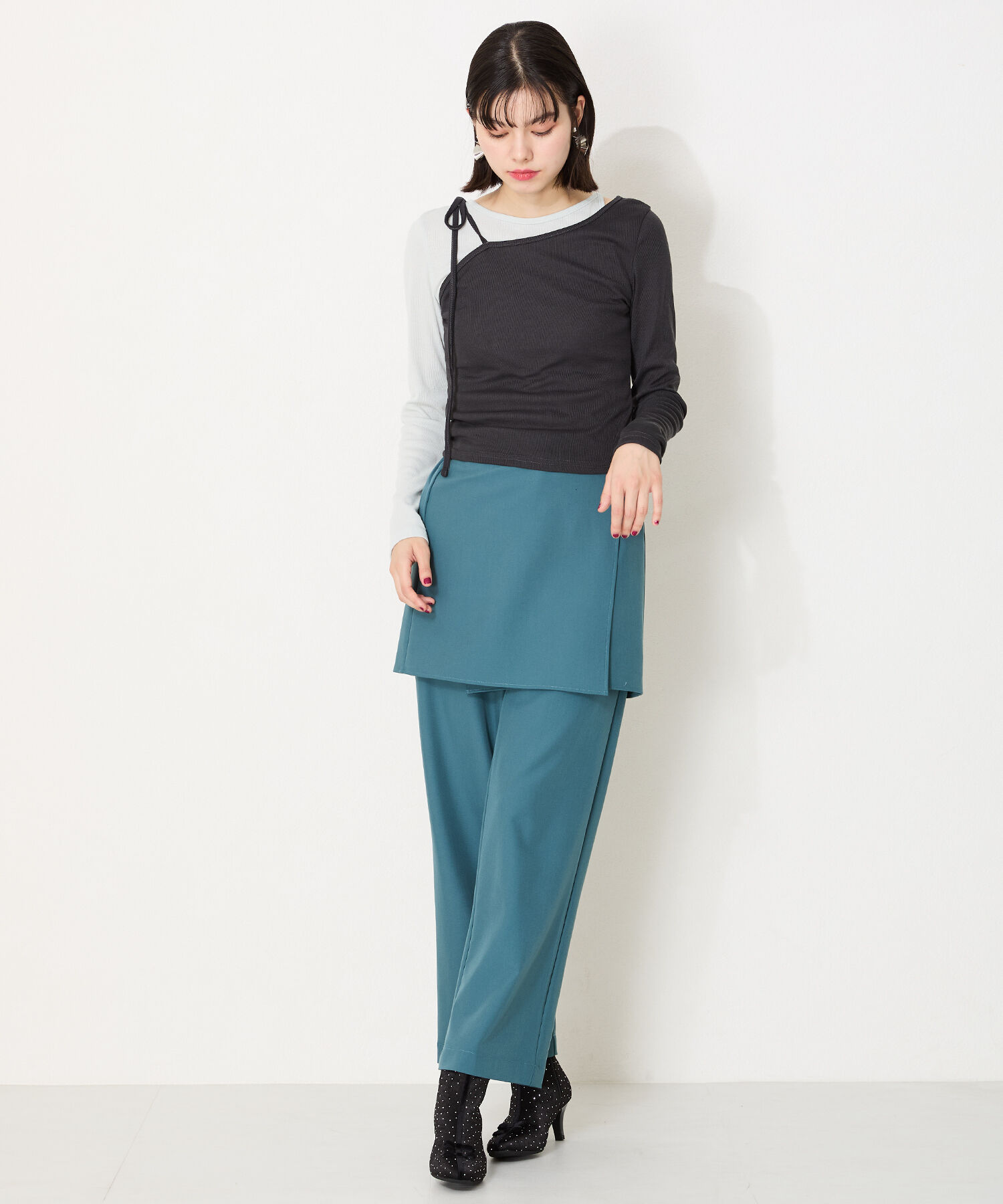 ORiental TRaffic「リボンモチーフラインストーンヒールブーツ/41436」|ショートブーツ|