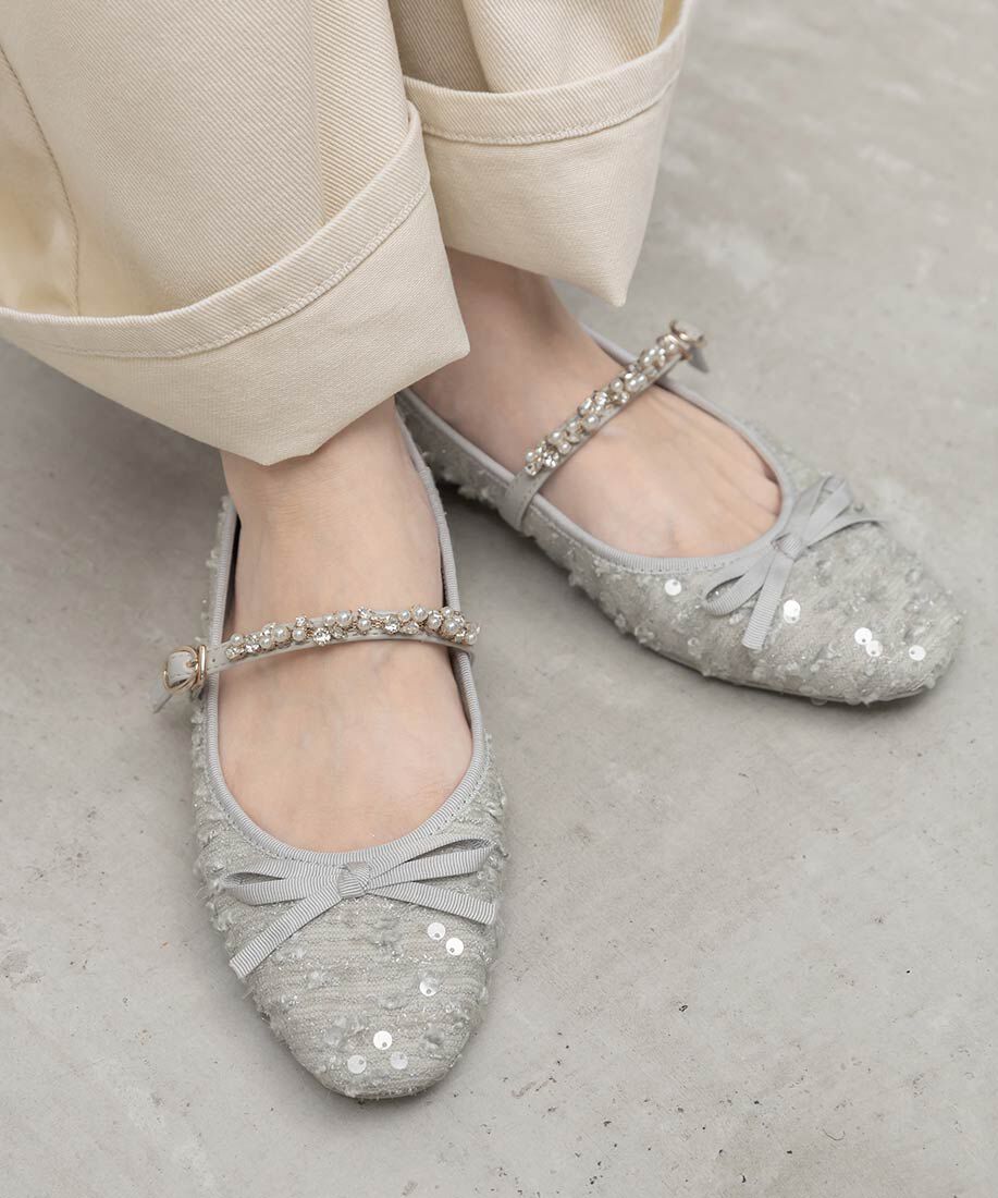  「ビジューストラップバレエシューズ」|パンプス|グレー