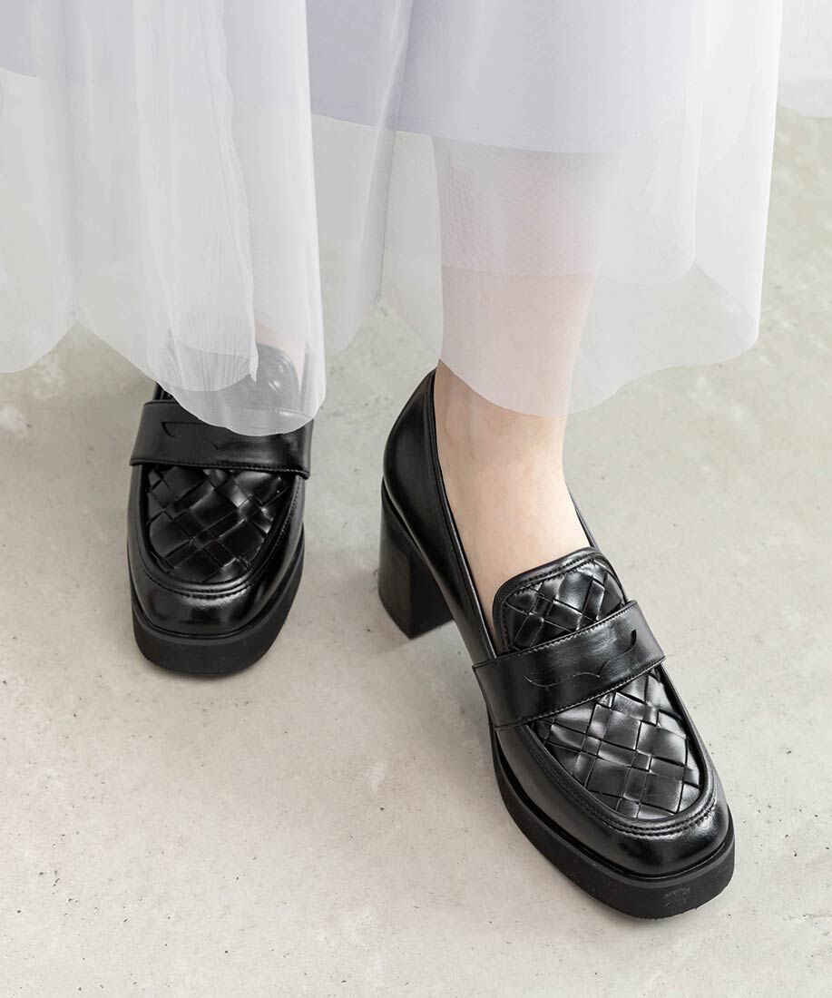  「ウーブンデザインヒールローファー」|ローファー|ブラック