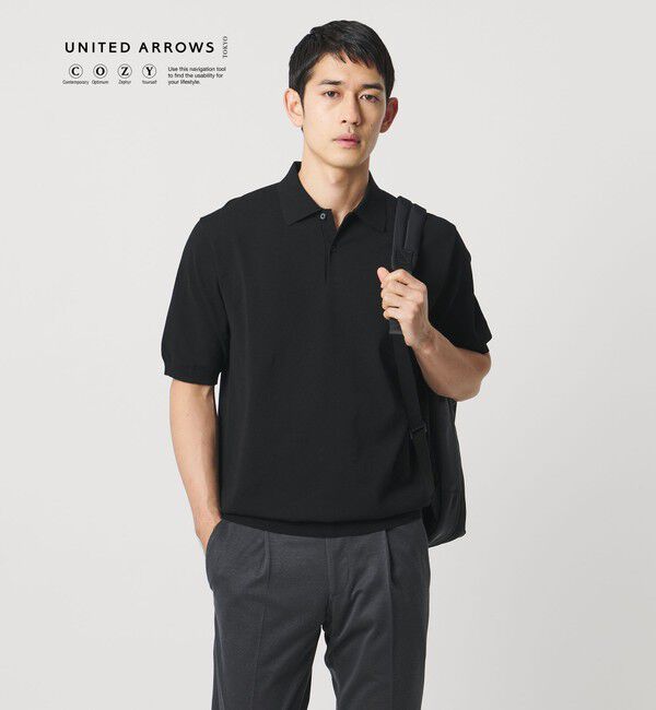 UNITED ARROWS「ショートスリーブ ニットポロシャツ UA COZY ウォッシャブル 抗菌防臭」|ポロシャツ|BLACK