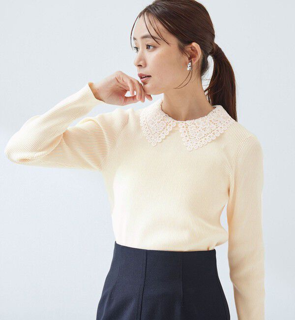 UNITED ARROWS green label relaxing「リブ エリレース 2WAY ニット プルオーバー ウォッシャブル」|ニット・セーター|OFF WHITE