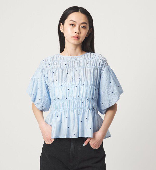 EMMEL REFINES「＜EMMEL REFINES＞EM ハートシシュウ シャーリング ブラウス」|シャツ・ブラウス|LT.BLUE