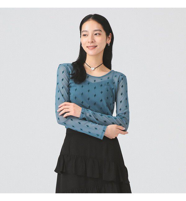 Ray BEAMS 「フロッキー プリント シアー ラウンドネック トップス」|Tシャツ・カットソー|BLUE