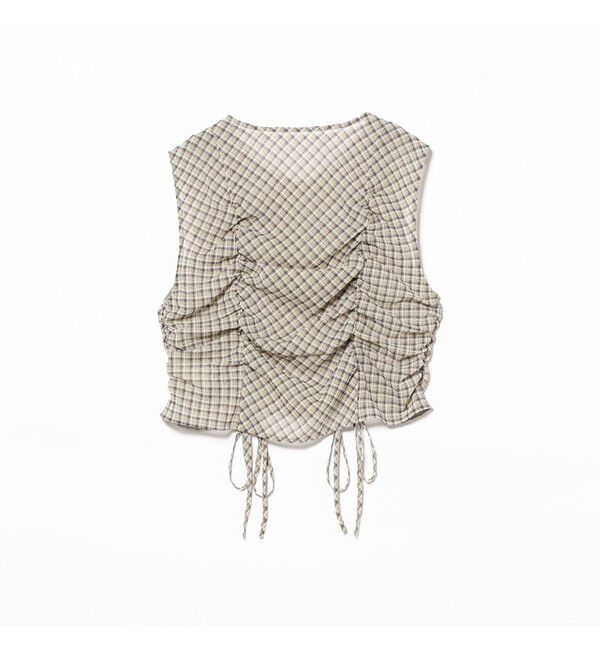 Ray BEAMS 「チェック ギャザー ノースリーブ ブラウス」|タンクトップ|