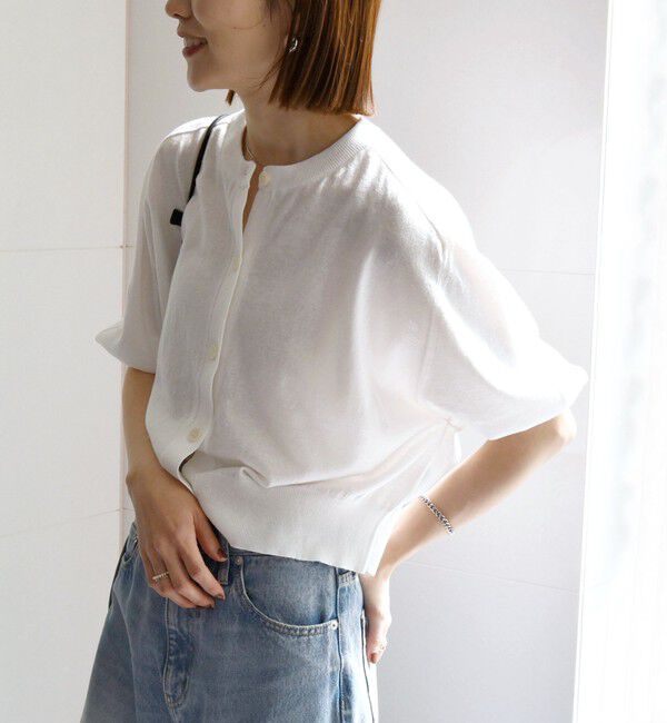 SHIPS any「SHIPS any:〈手洗い可能〉リネン ミックス ワイド パフ クルーネック シアー カーディガン」|カーディガン|