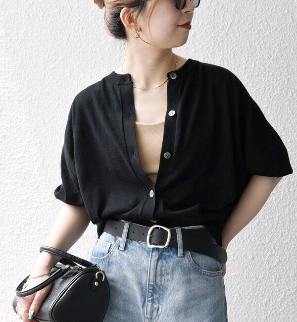 SHIPS any「SHIPS any:〈手洗い可能〉リネン ミックス ワイド パフ クルーネック シアー カーディガン」|カーディガン|