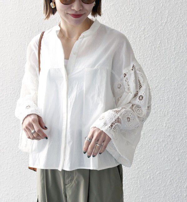 SHIPS any「SHIPS any:〈手洗い可能〉パッチワーク レース スリーブ バンドカラー シャツ」|シャツ・ブラウス|