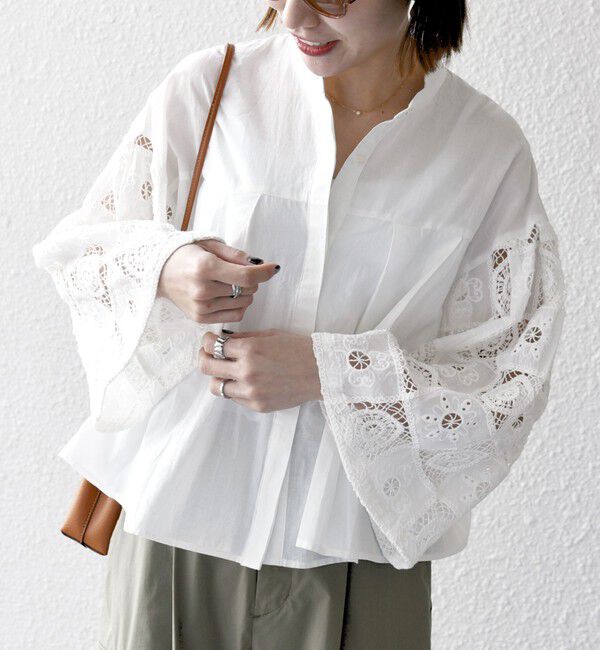 SHIPS any「SHIPS any:〈手洗い可能〉パッチワーク レース スリーブ バンドカラー シャツ」|シャツ・ブラウス|