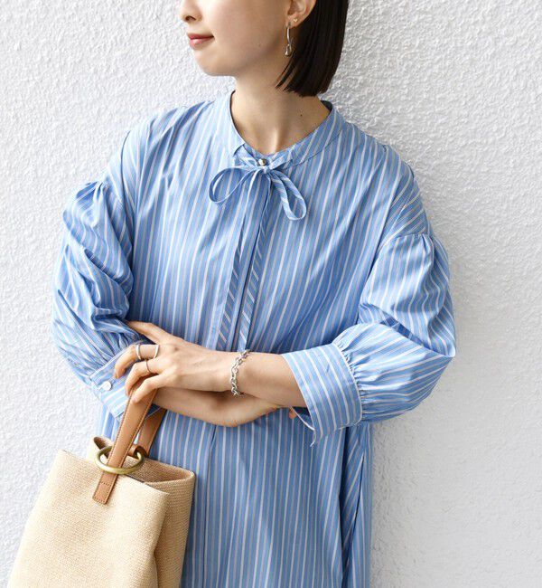 SHIPS for women「〈手洗い可能〉スタンドカラー リボン ストライプ シャツ ワンピース」|ワンピース|