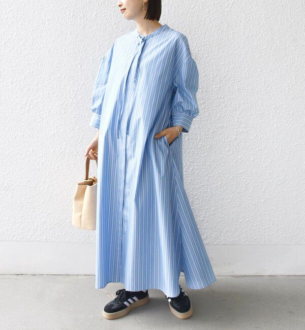 SHIPS for women「〈手洗い可能〉スタンドカラー リボン ストライプ シャツ ワンピース」|ワンピース|