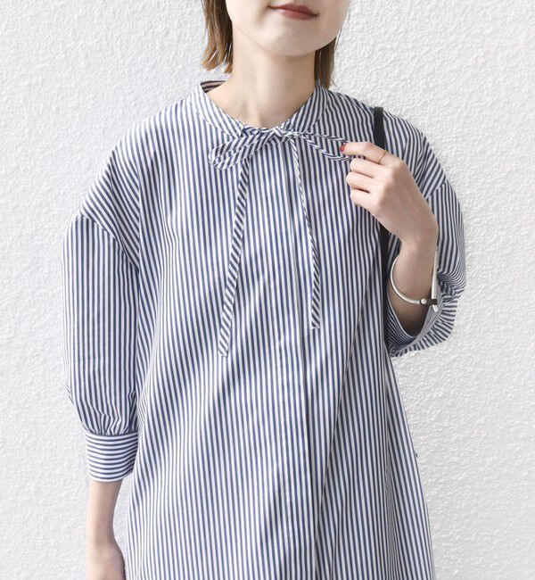 SHIPS for women「〈手洗い可能〉スタンドカラー リボン ストライプ シャツ ワンピース」|ワンピース|ネイビー