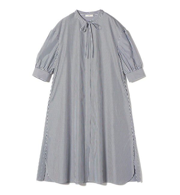 SHIPS for women「〈手洗い可能〉スタンドカラー リボン ストライプ シャツ ワンピース」|ワンピース|