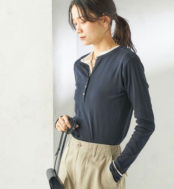 SHIPS for women「【SHIPS別注】miller: シアー ヘンリー ネック ロング スリーブ TEE」|Tシャツ・カットソー|ネイビー