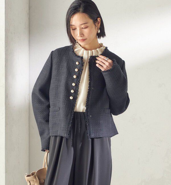 SHIPS for women「トライスピン 杢 ツイード パール モチーフ ボタン ジャケット（セレモニー対応可）」|ノーカラージャケット|