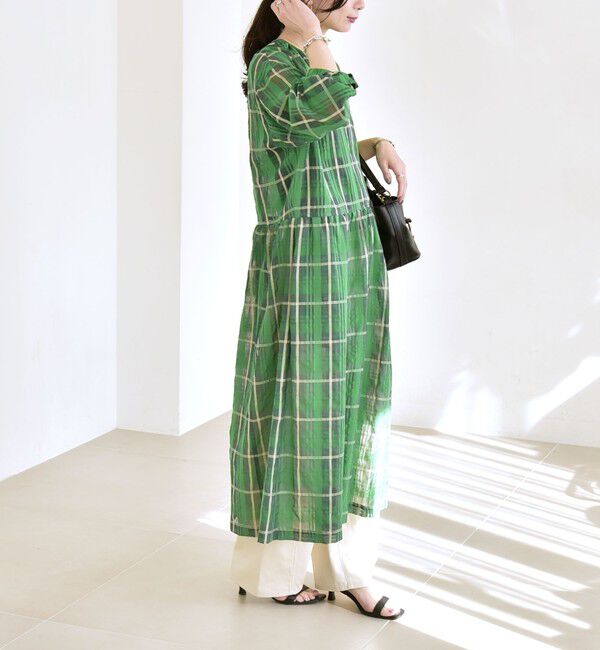 quaranciel「quaranciel:〈手洗い可能〉シアー チェック クルーネック ギャザー ワンピース」|ワンピース|