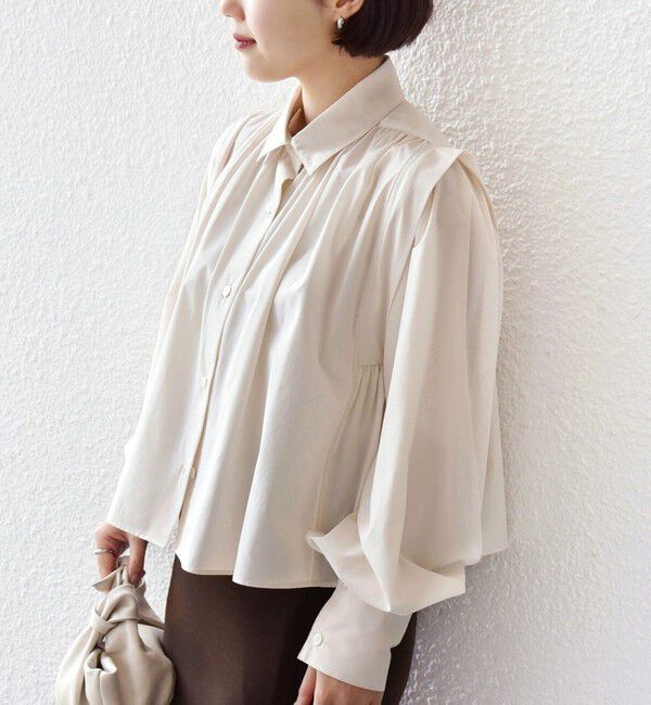 SHIPS for women「堀田茜&times;SHIPS:〈接触冷感/撥水/洗濯機可能〉TEXBRID(R) ギャザー ブラウス」|シャツ・ブラウス|