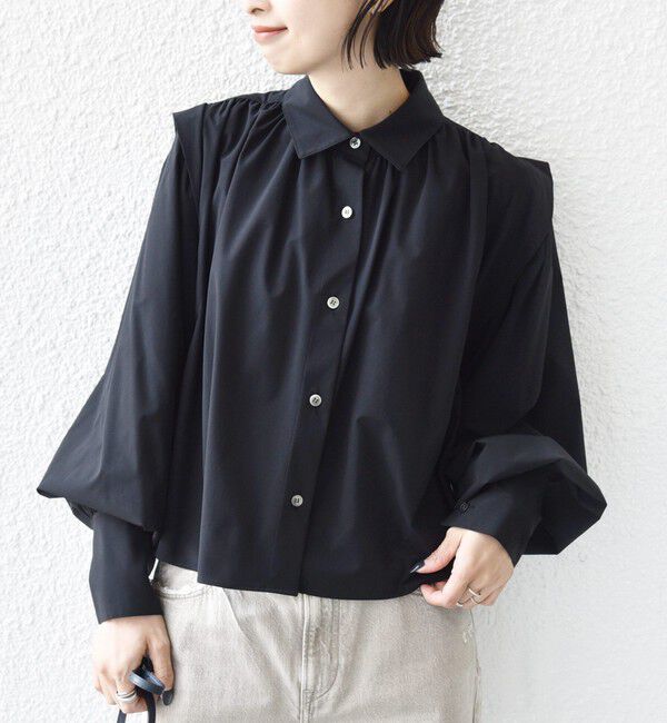 SHIPS for women「堀田茜&times;SHIPS:〈接触冷感/撥水/洗濯機可能〉TEXBRID(R) ギャザー ブラウス」|シャツ・ブラウス|