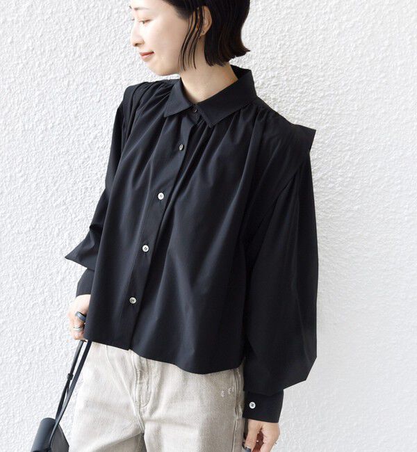 SHIPS for women「堀田茜&times;SHIPS:〈接触冷感/撥水/洗濯機可能〉TEXBRID(R) ギャザー ブラウス」|シャツ・ブラウス|