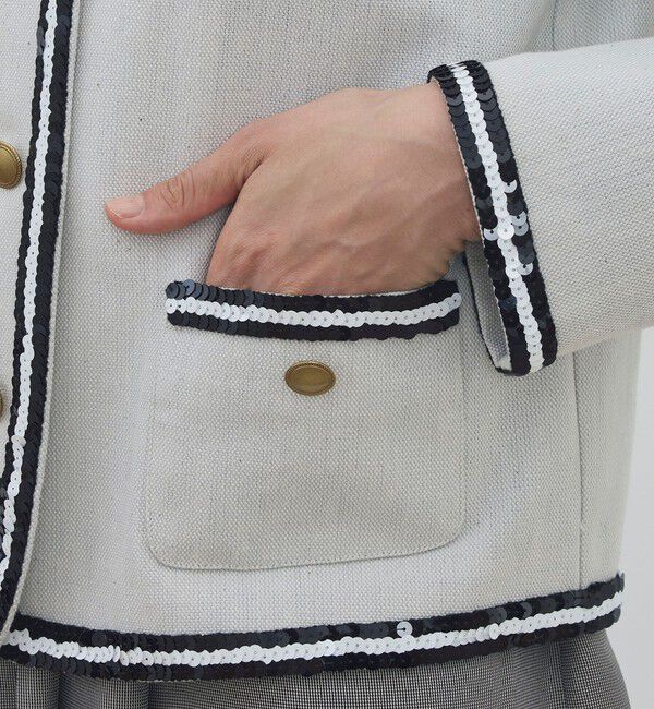 DES PRES「コットンオックスフォード スパンコールブレードジャケット」|ノーカラージャケット|