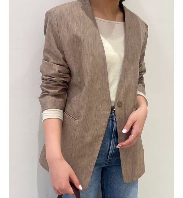 SLOBE IENA「メランジュヘリンボーンカラーレスジャケット」|ノーカラージャケット|ベージュ