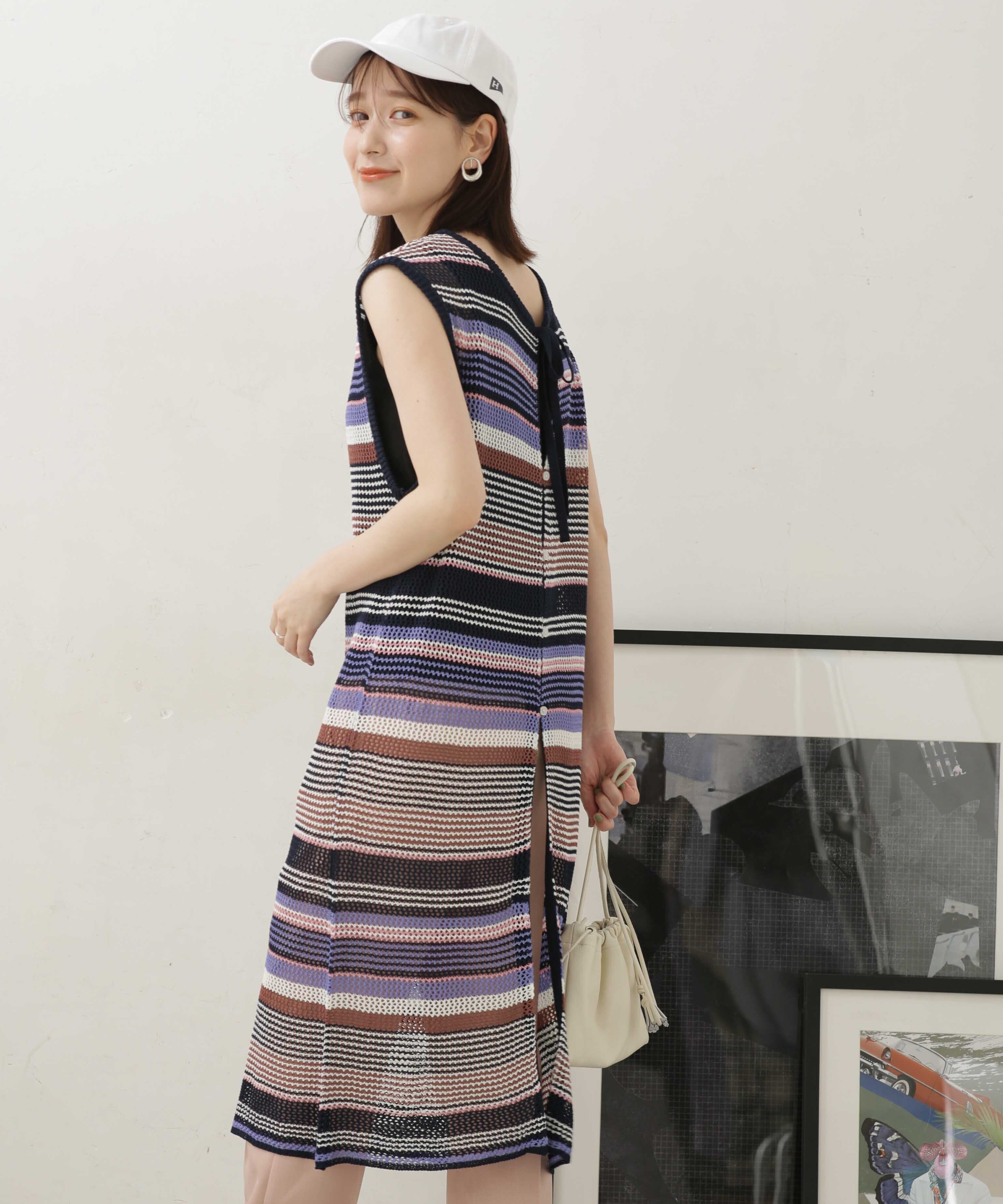 nano･universe「LB.04/前後2wayボーダーメッシュニットジレワンピース」|ニット・セーター|パープル