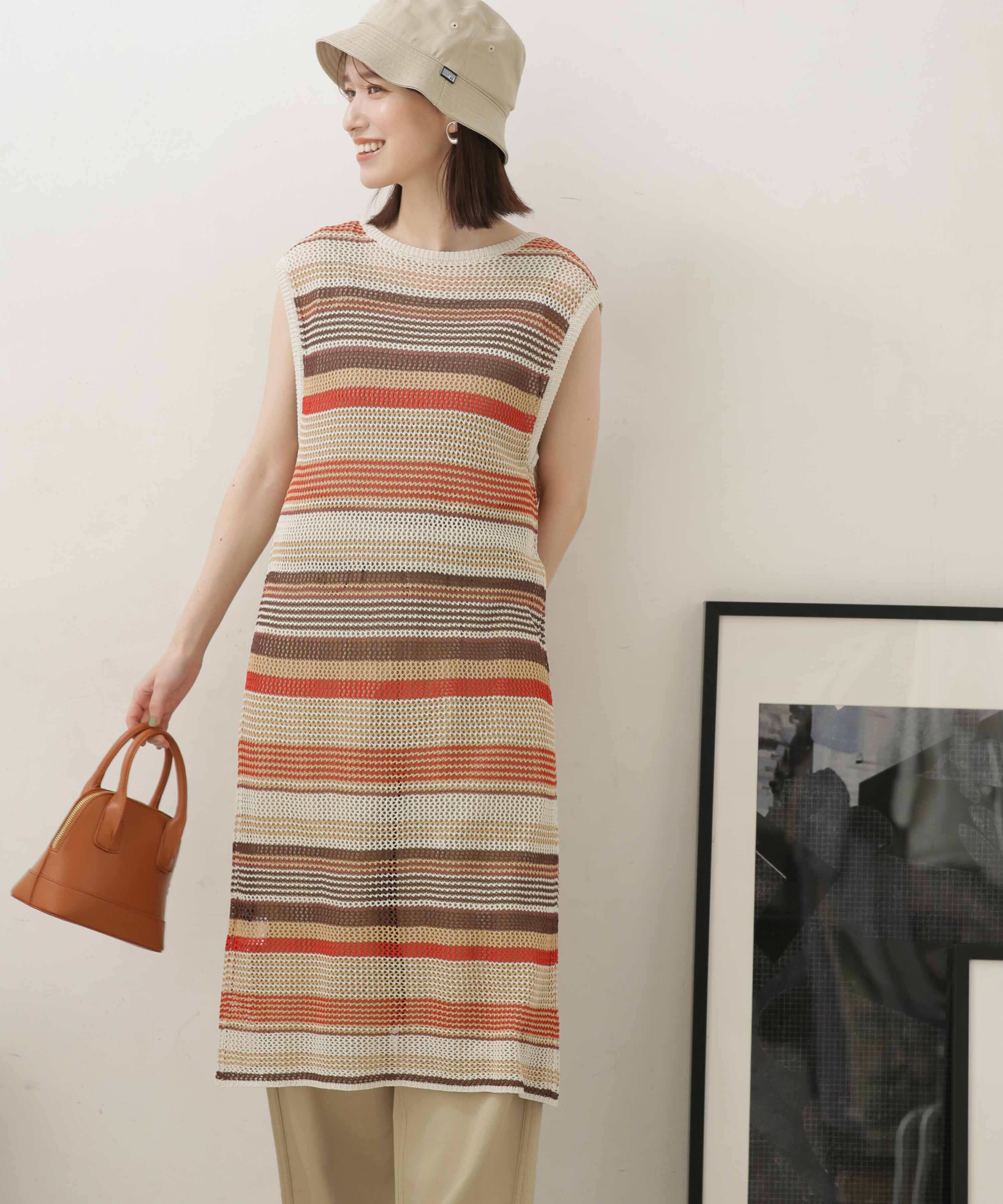 nano･universe「LB.04/前後2wayボーダーメッシュニットジレワンピース」|ニット・セーター|レッド