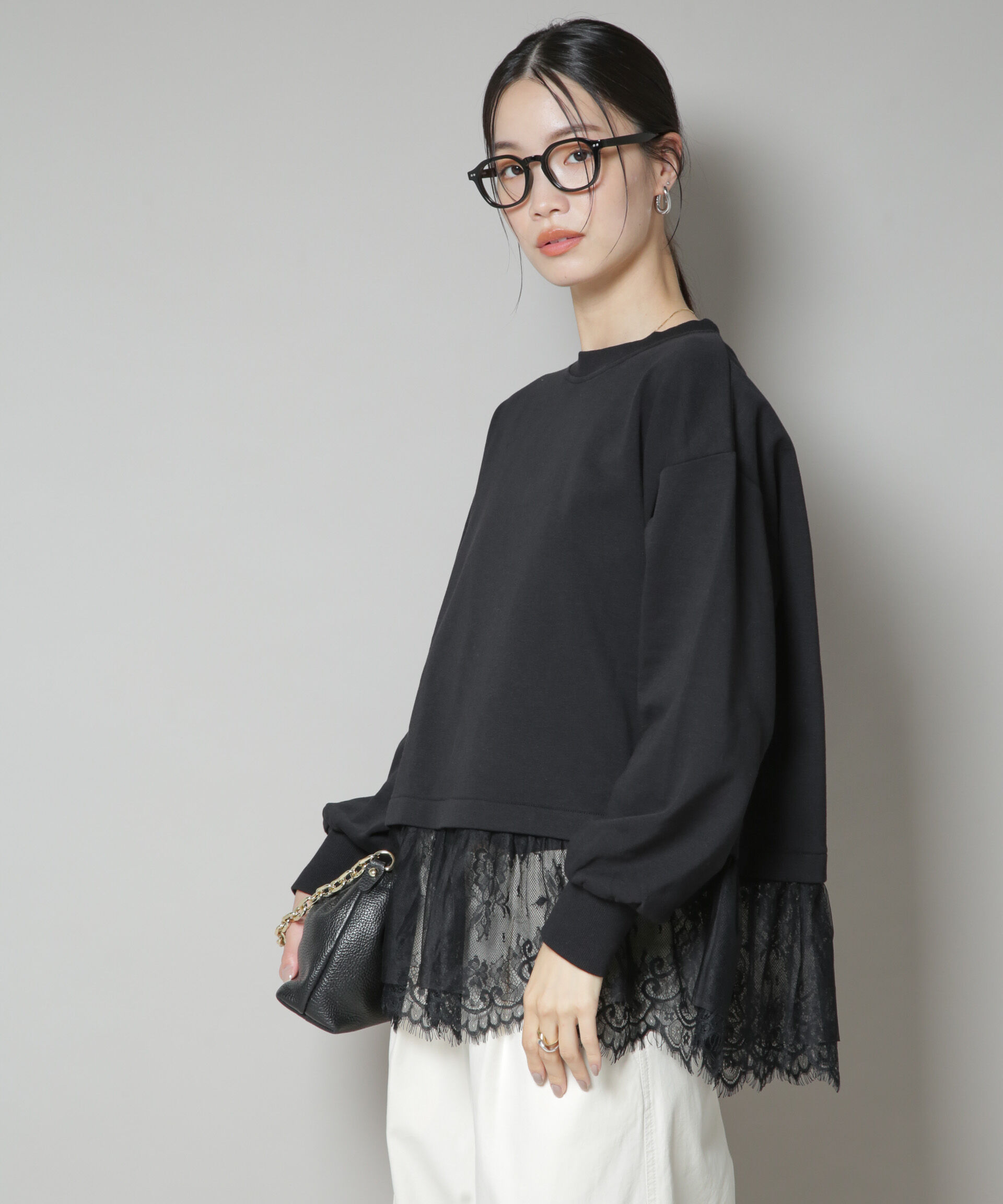 nano･universe「裾レースコンビペプラムカットトップス」|Tシャツ・カットソー|ブラック