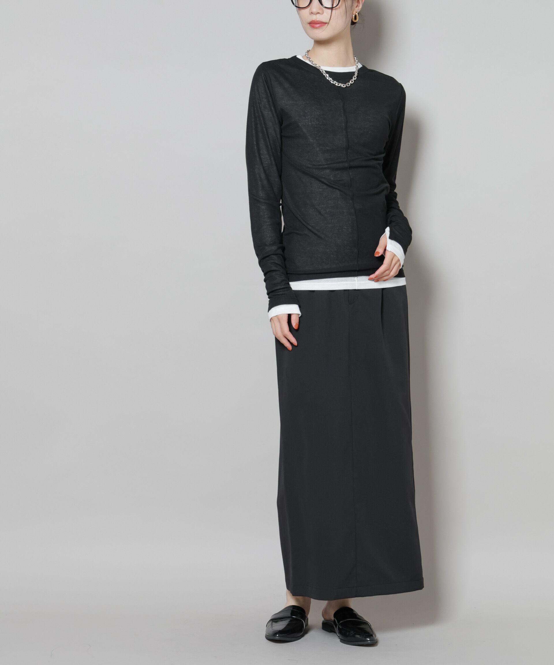 nano･universe「スーツライクIラインロングスカート」|スカート|ブラック