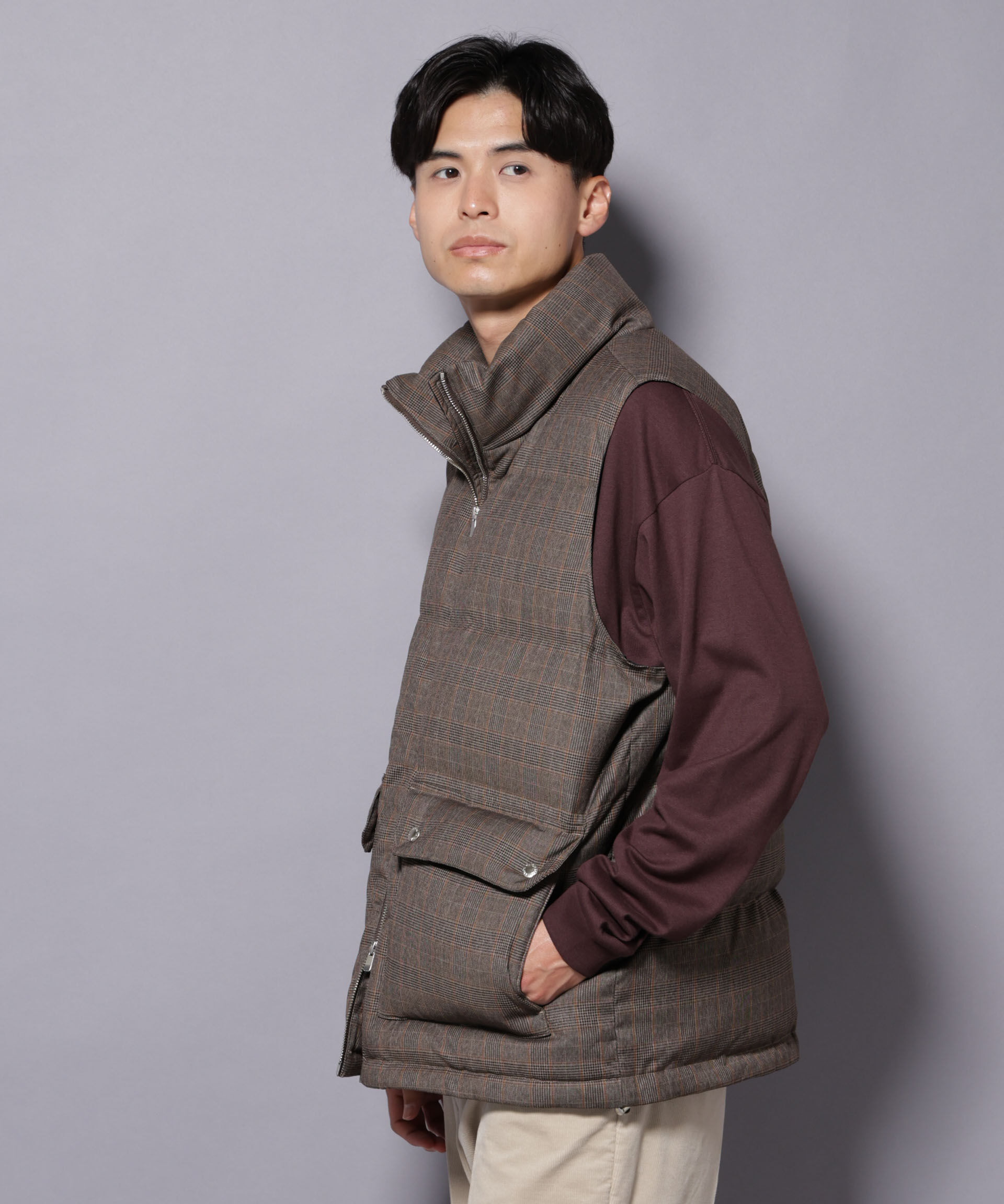 nano･universe「DELEGANTE エアリーサキソニー/グレンチェックTAIONダウンベスト」|ダウン|