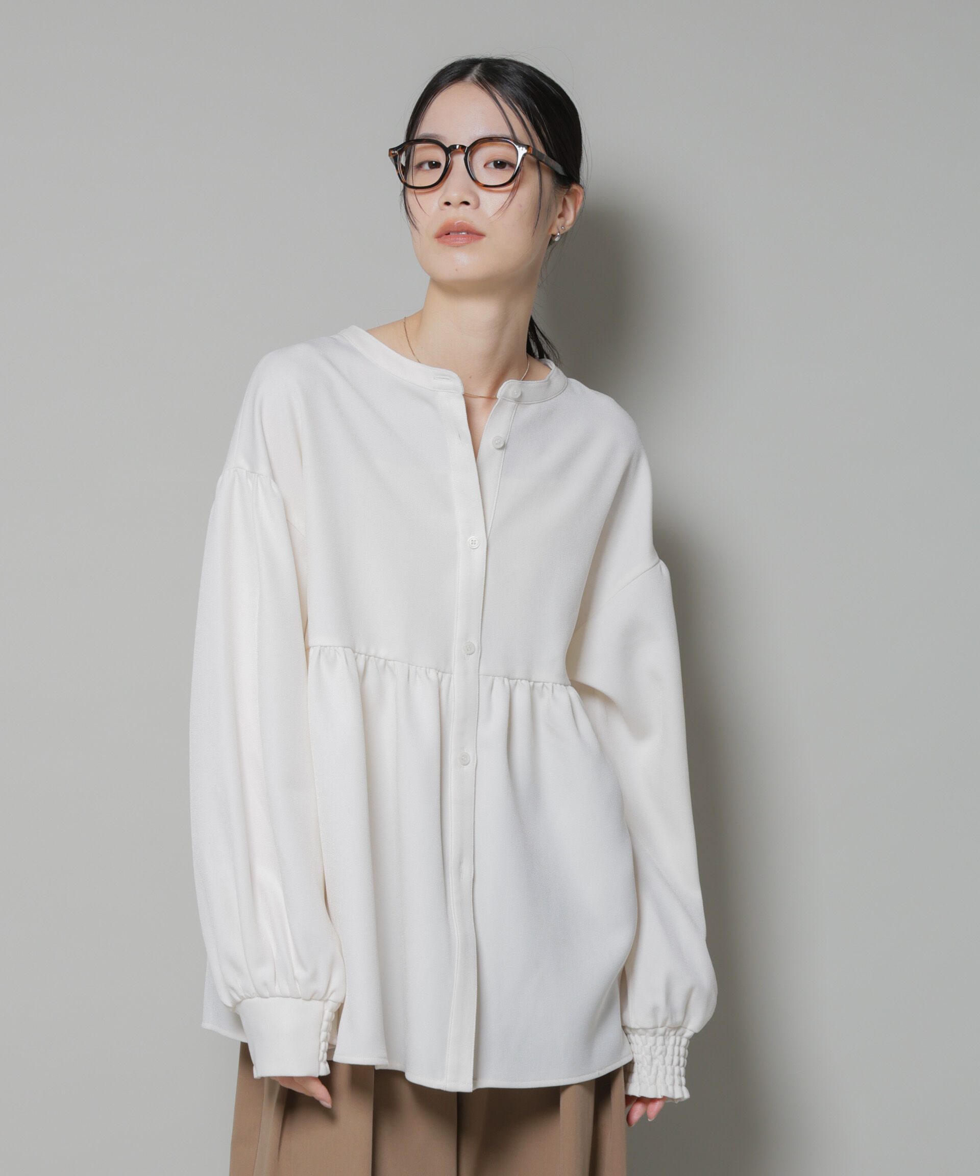 nano･universe「ｳｰﾙﾗｲｸﾎﾟﾘｴｽﾃﾙ前後2way切り替えﾍﾟﾌﾟﾗﾑﾌﾞﾗｳｽ(ｾ  」|シャツ・ブラウス|