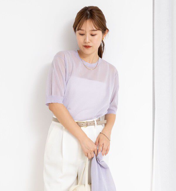 NOLLEY'S「《手洗い可能》《アンサンブル対応》シアーラメ天竺5分袖プルオーバーニット」|ニット・セーター|