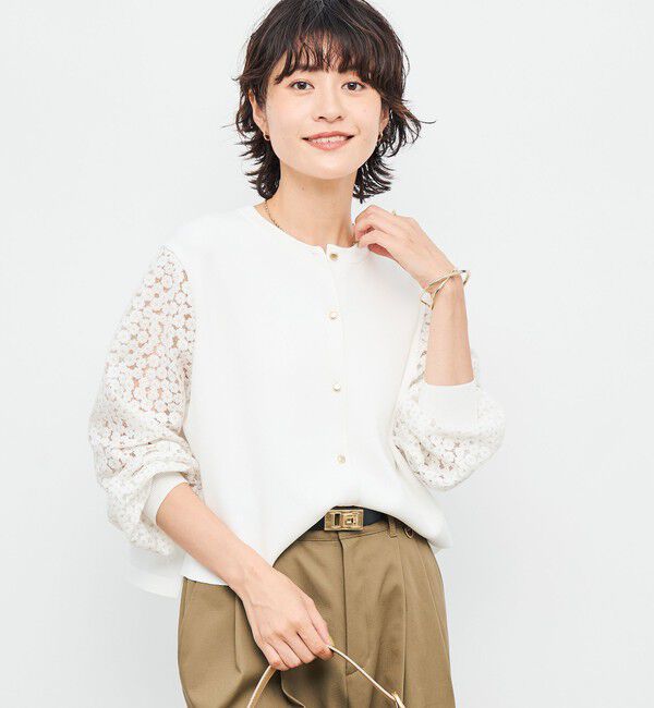 NOLLEY'S「《手洗い可能》フラワー刺繍生地袖クルーネックカーディガン」|カーディガン|