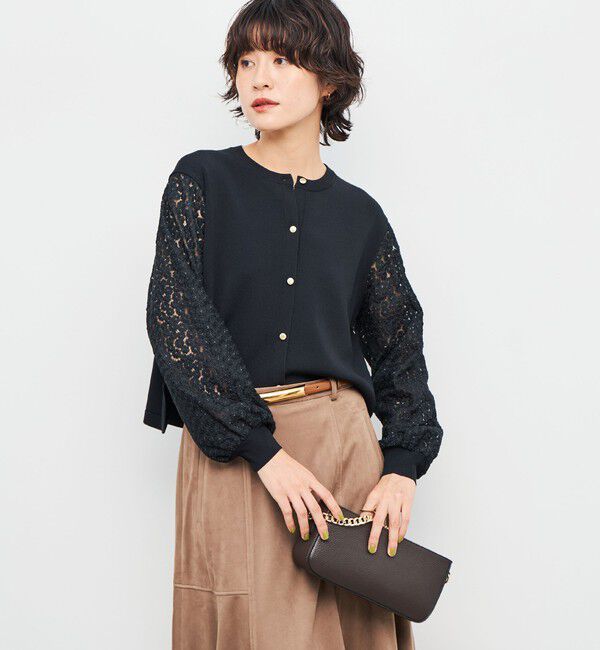 NOLLEY'S「《手洗い可能》フラワー刺繍生地袖クルーネックカーディガン」|カーディガン|