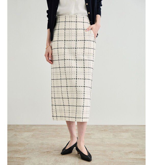 ROPE「【洗える】ツイードチェック ポケット付きタイトスカート」|スカート|ブラック(01)