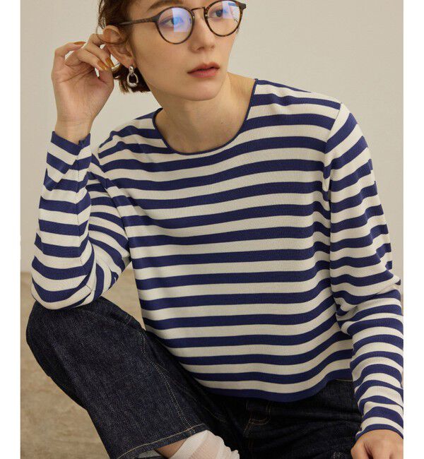 ROPE「【洗える】ウォッシャブルシルク 総針ボーダープルオーバー」|Tシャツ・カットソー|ブルー系(45)