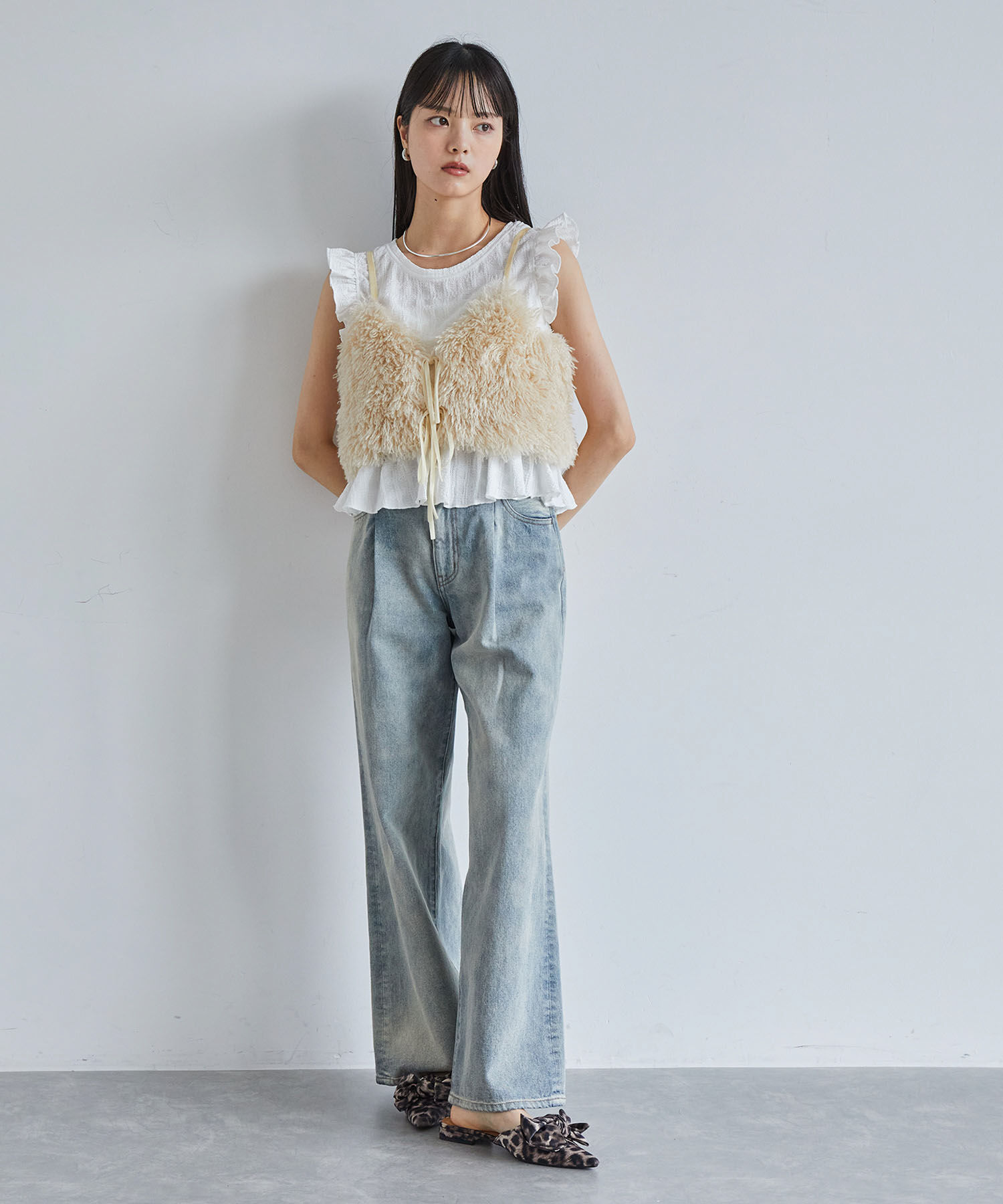 VIS「【洗える】シャーリングフリルトップス」|Tシャツ・カットソー|