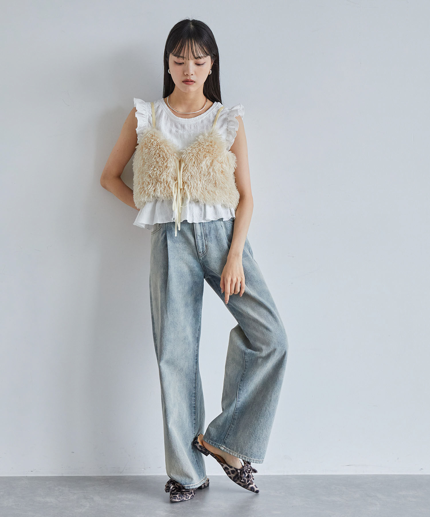 VIS「【洗える】シャーリングフリルトップス」|Tシャツ・カットソー|