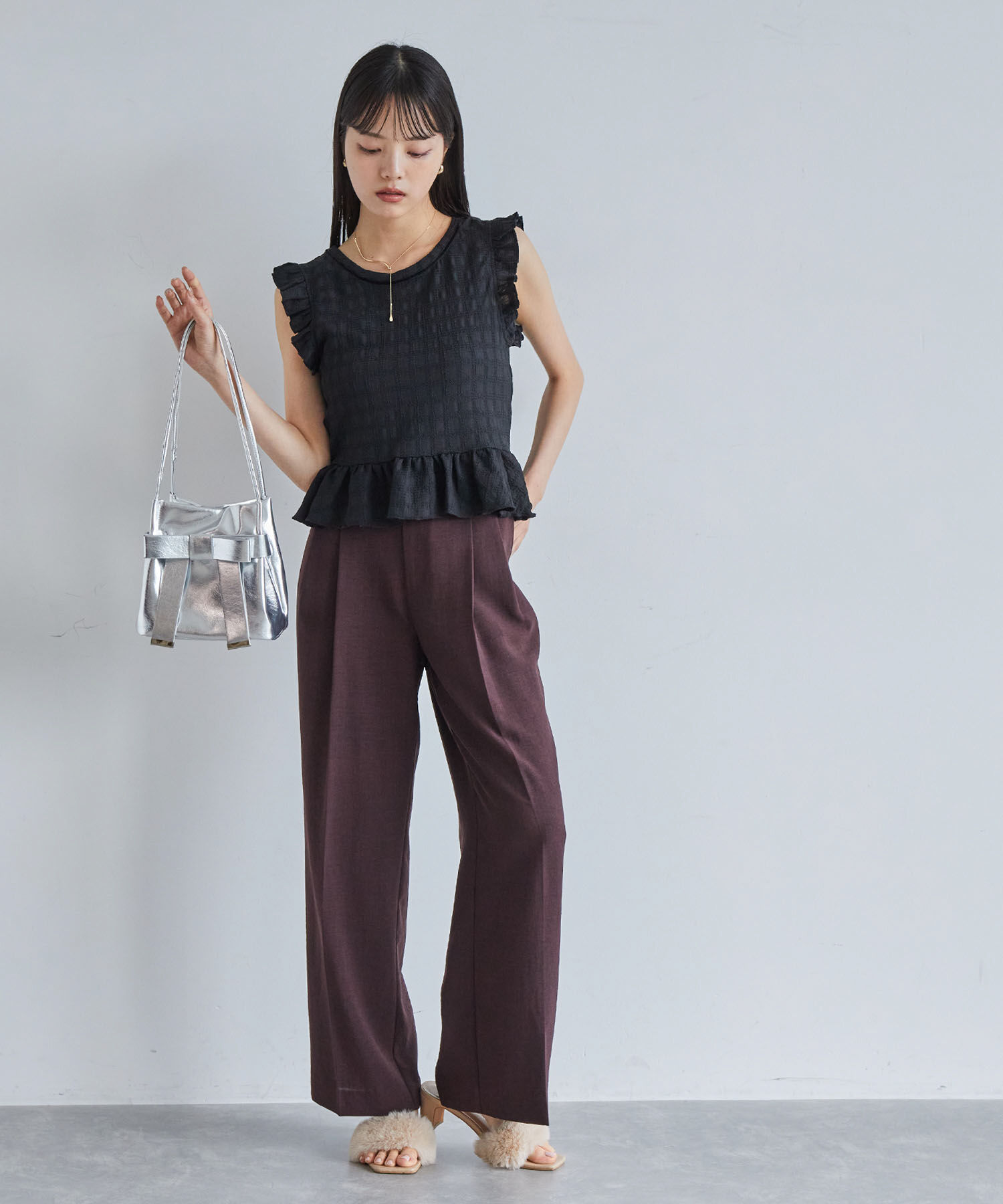 VIS「【洗える】シャーリングフリルトップス」|Tシャツ・カットソー|